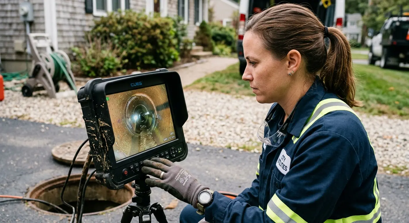 Technician reviewing sewer camera inspection footage in Winnemucca