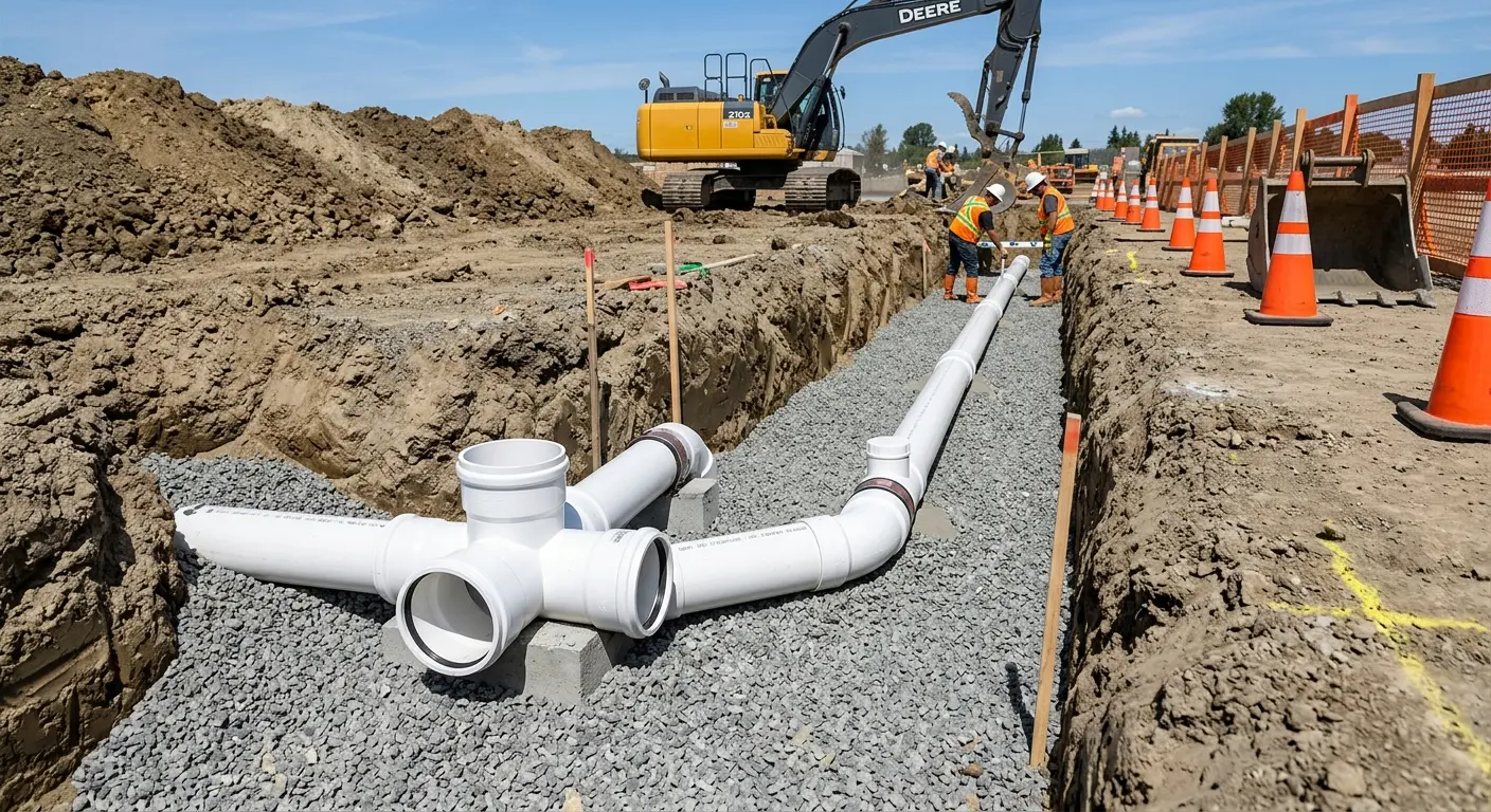 New PVC sewer pipe installation in open trench for Commercial Drain Cleaning in Winnemucca