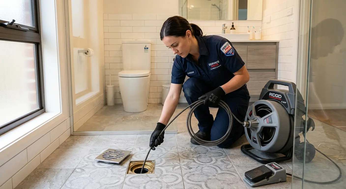 Technician clearing a bathroom floor drain for Clogged Drain Repair in Winnemucca